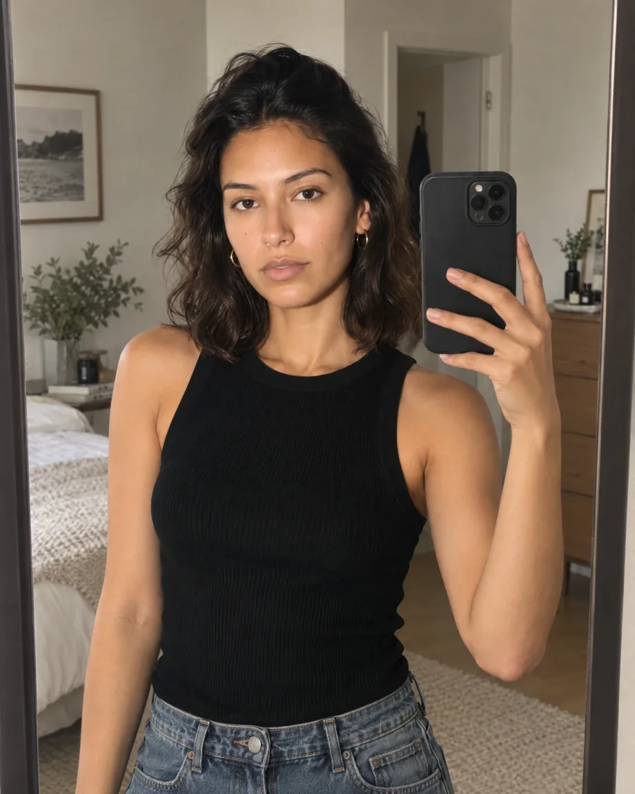 Bir kadının ayna selfiesi ve dört farklı kıyafetle sanal deneme sonuçları, yanında bunları oluşturan API isteği
