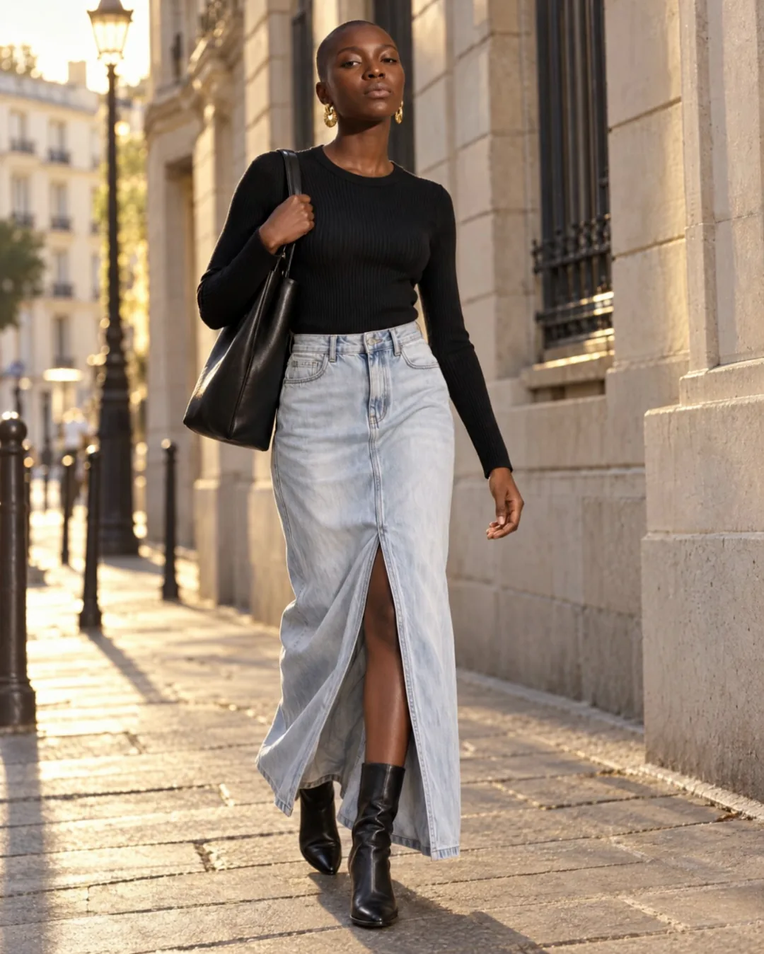 A model walking down a sunlit street in a denim maxi skirt.