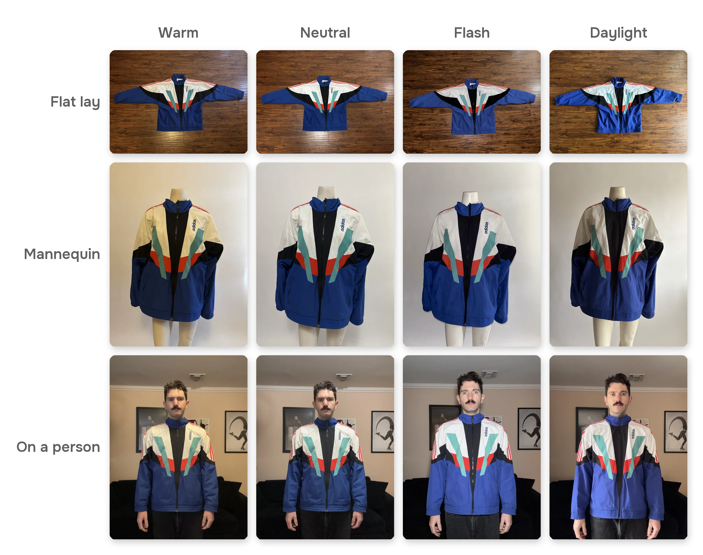 The same track jacket photographed 12 ways: flat lay, on a mannequin and on a person, each under warm light, neutral light, the phone's flash and daylight