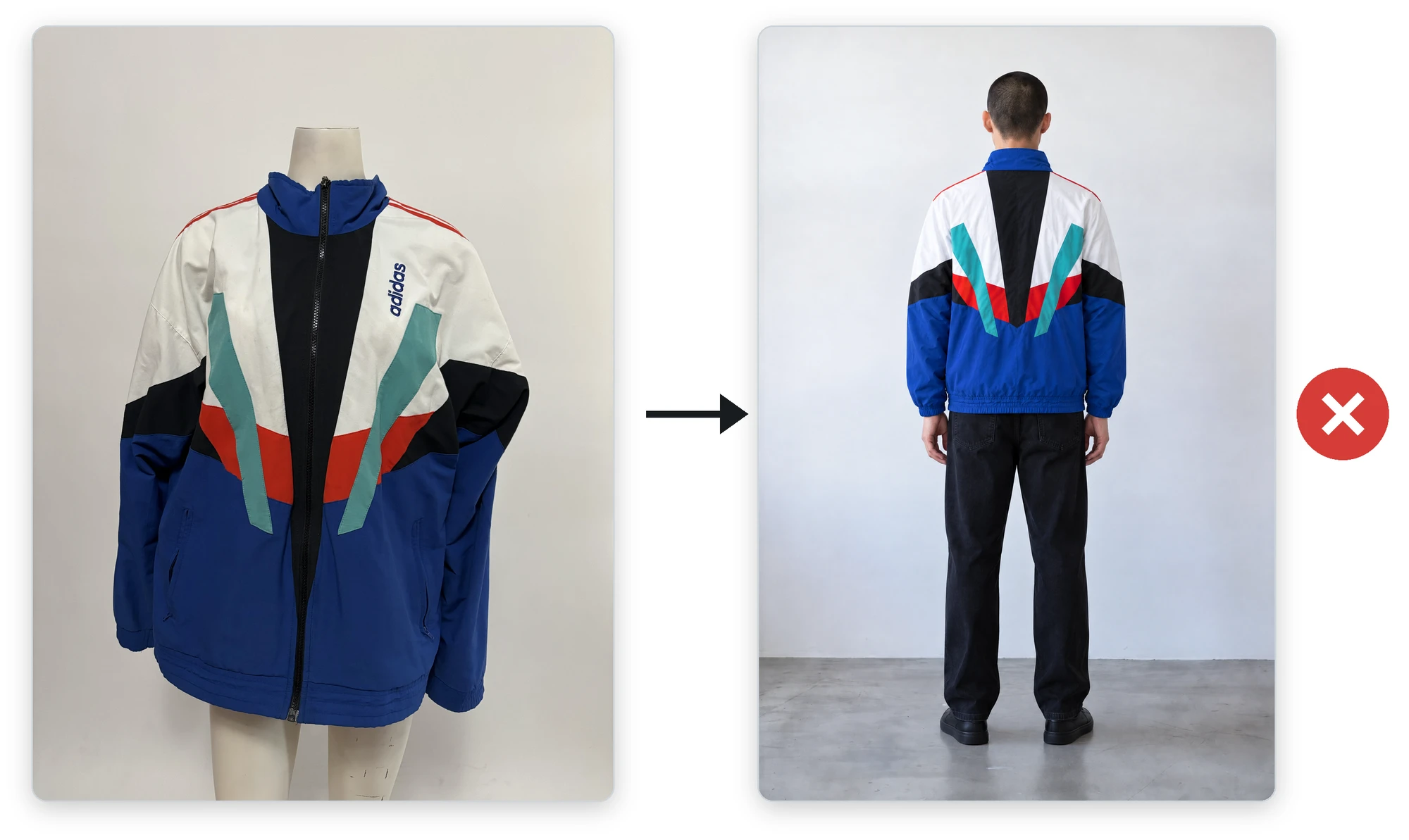 The front of the jacket on a mannequin, and the back view the AI made from it, marked wrong