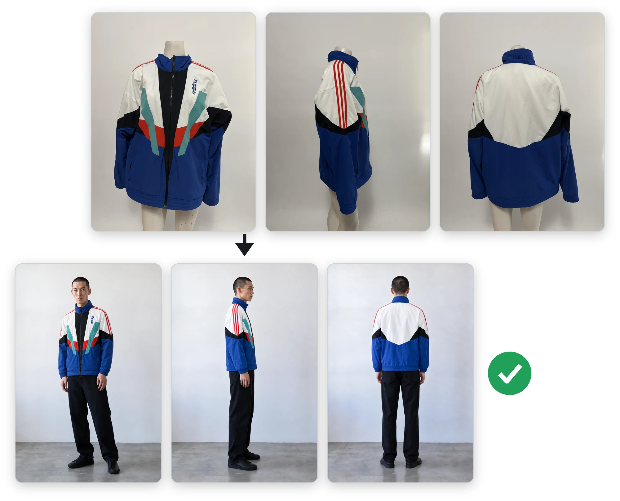 Front, side and back photos of the jacket, and the three views the AI made from them, marked right
