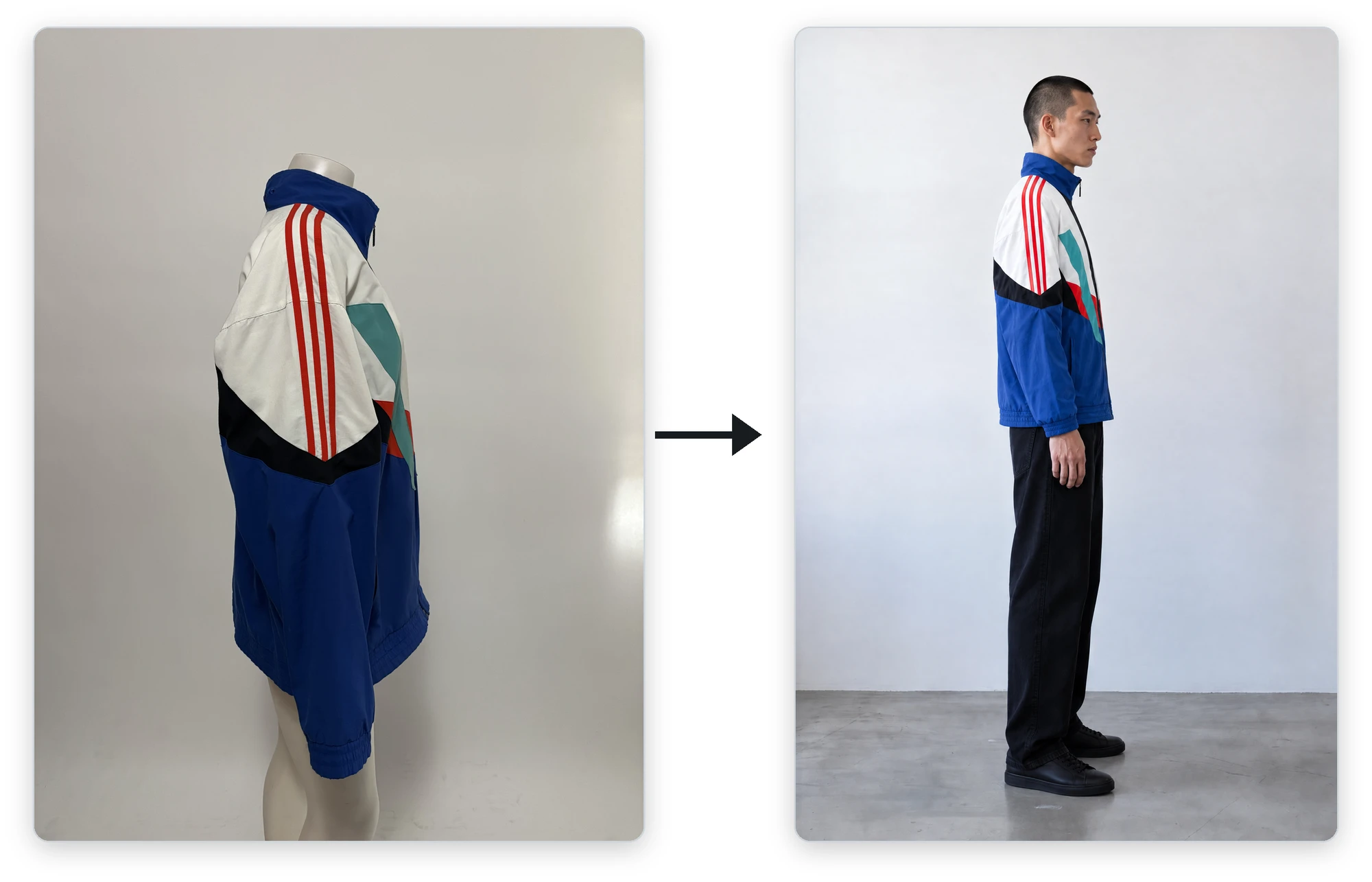 The side photo of the jacket and the side view the AI made, with the sleeve stripes