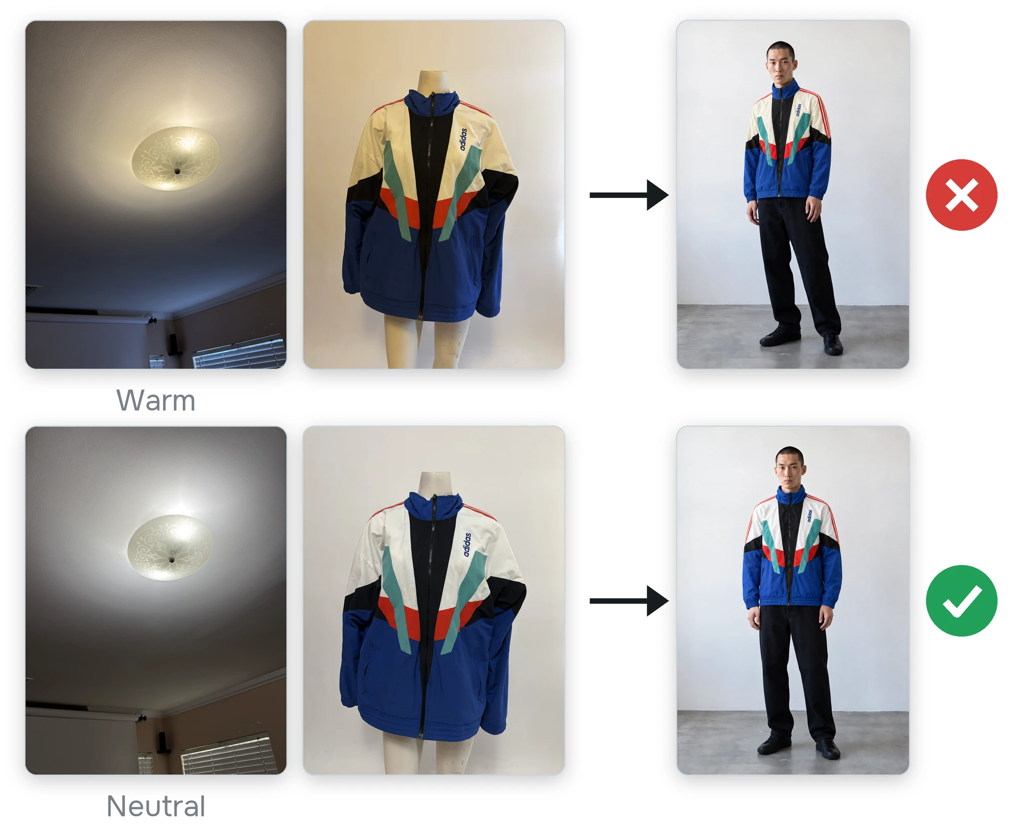 The jacket under warm light and the result with cream colored panels, marked wrong, next to the jacket under neutral light and a correct result