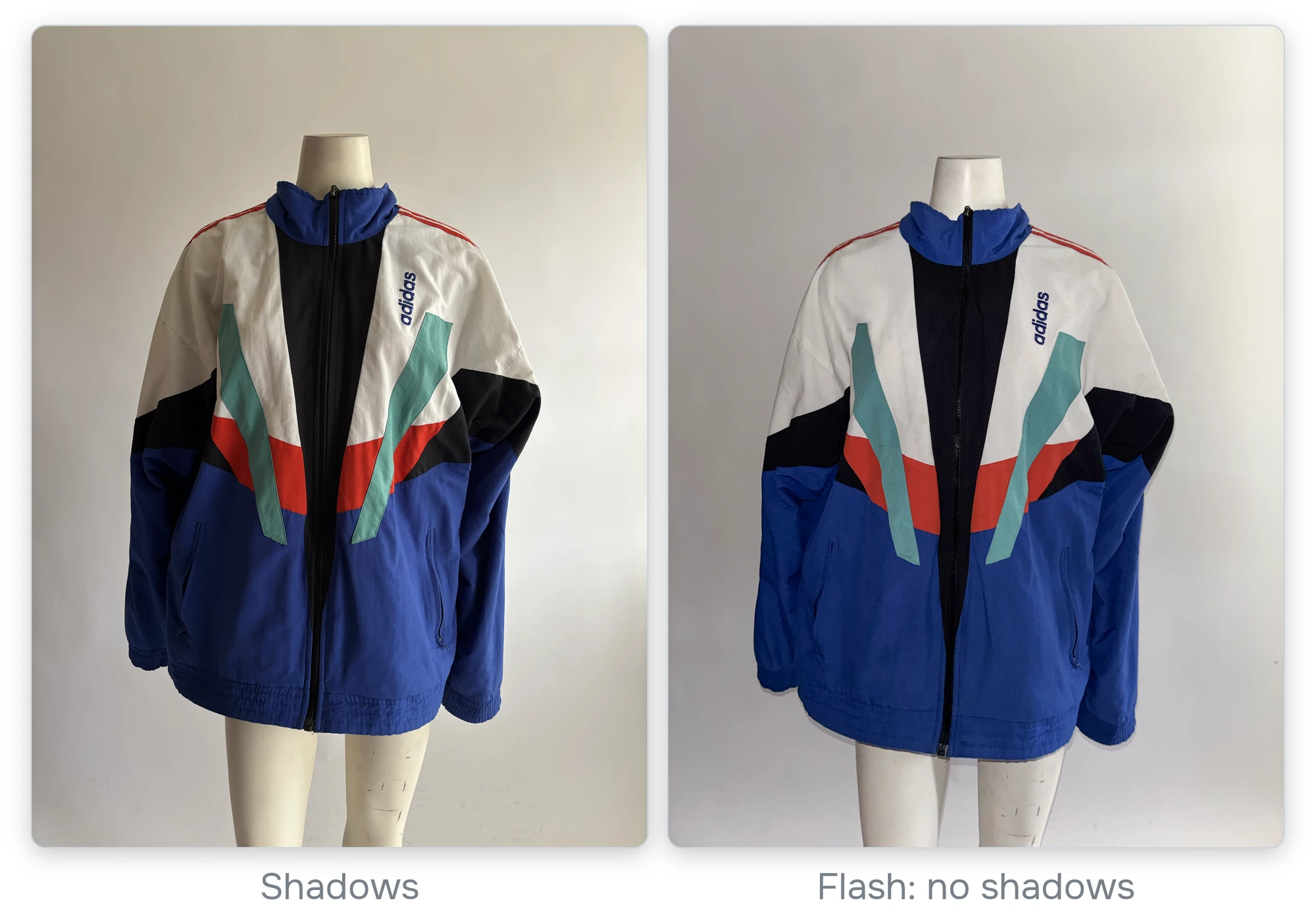 The jacket on a mannequin lit from above with shadows, next to the same jacket lit by the phone's flash with no shadows