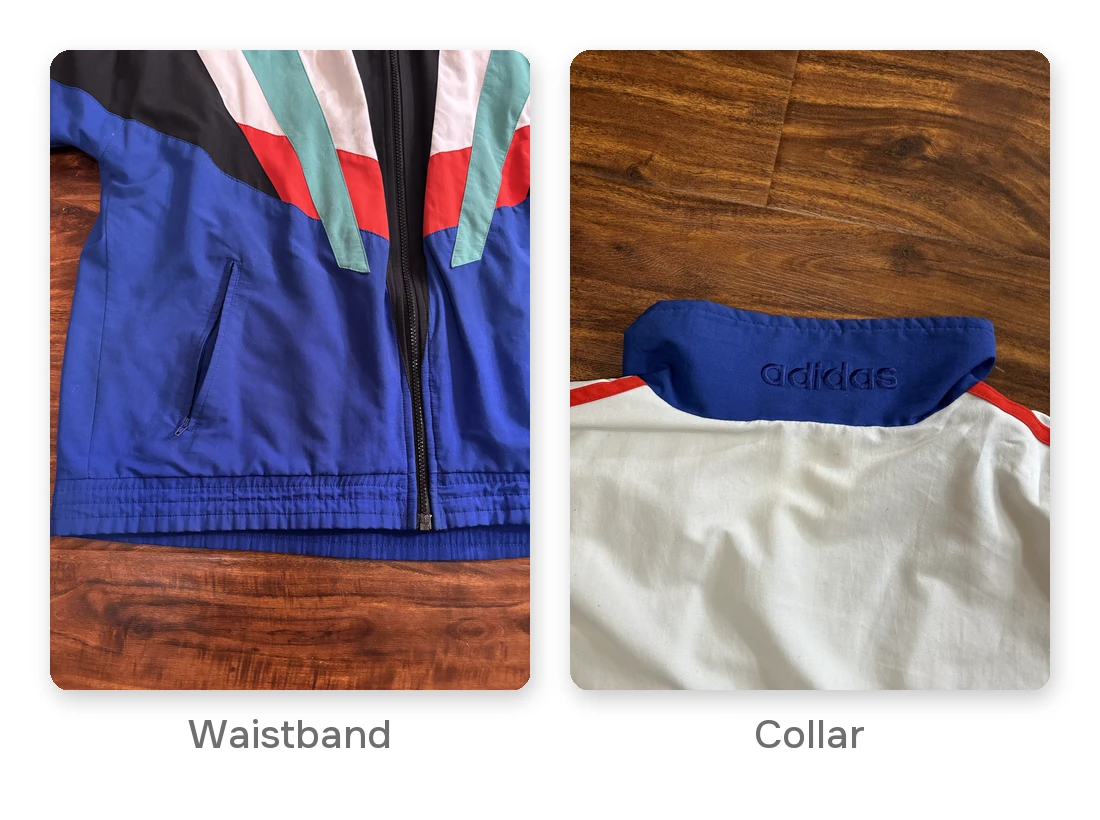 Two close up flat lay photos of the jacket: the waistband and the stitched word on the back of the collar