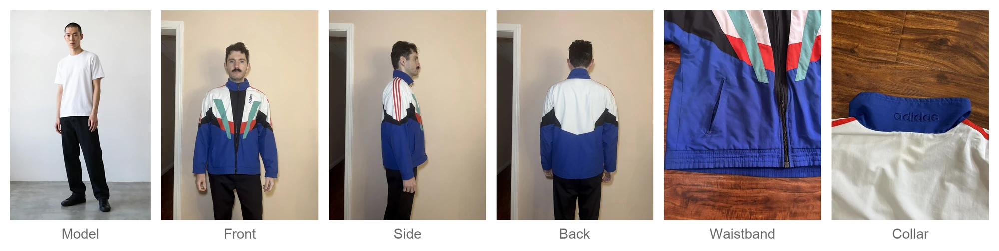 The six photos uploaded to the Agent: the model, the front, side and back of the jacket on a person, the waistband close up and the collar close up