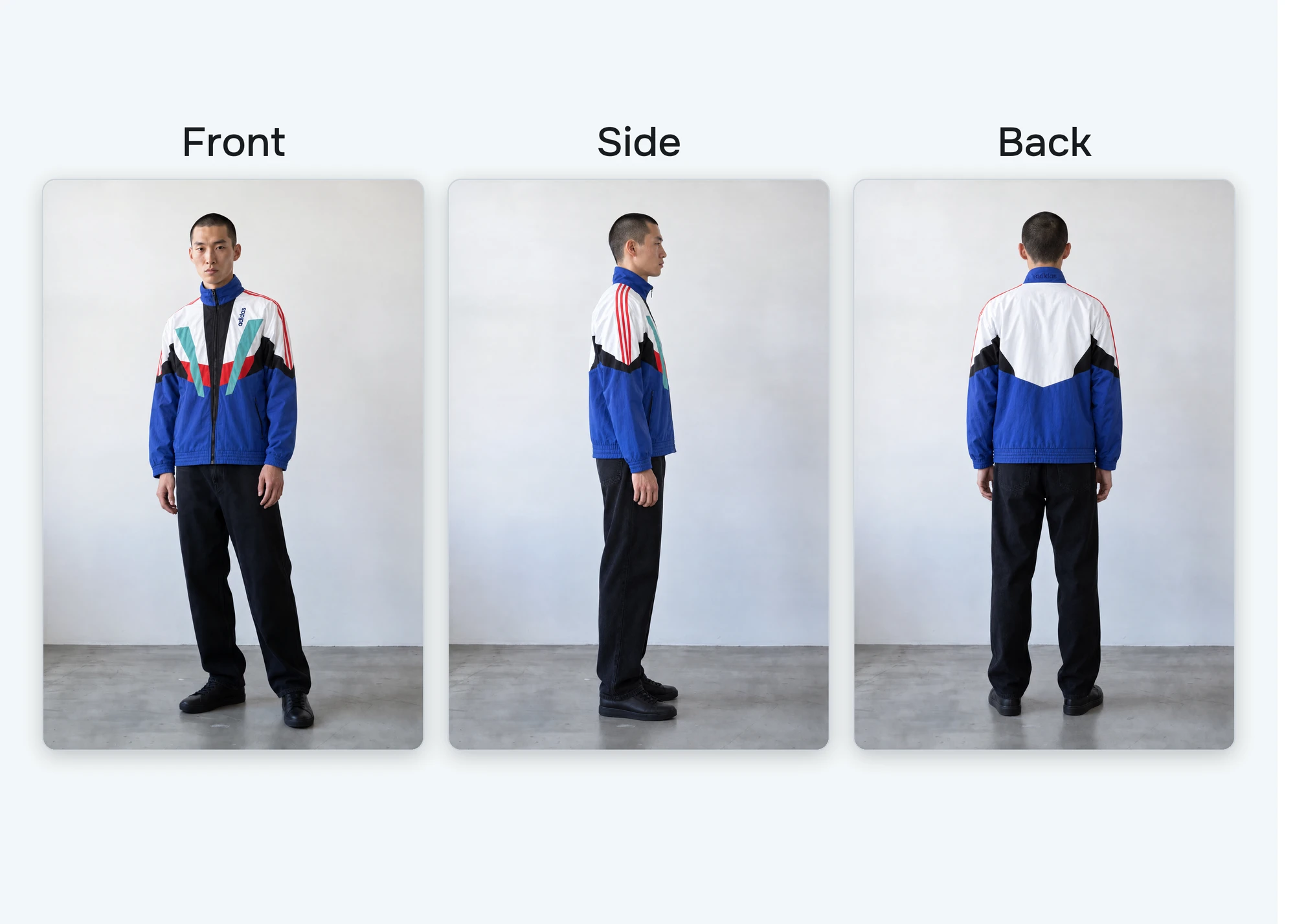 The three views the Agent made: front, side and back of the model in the jacket