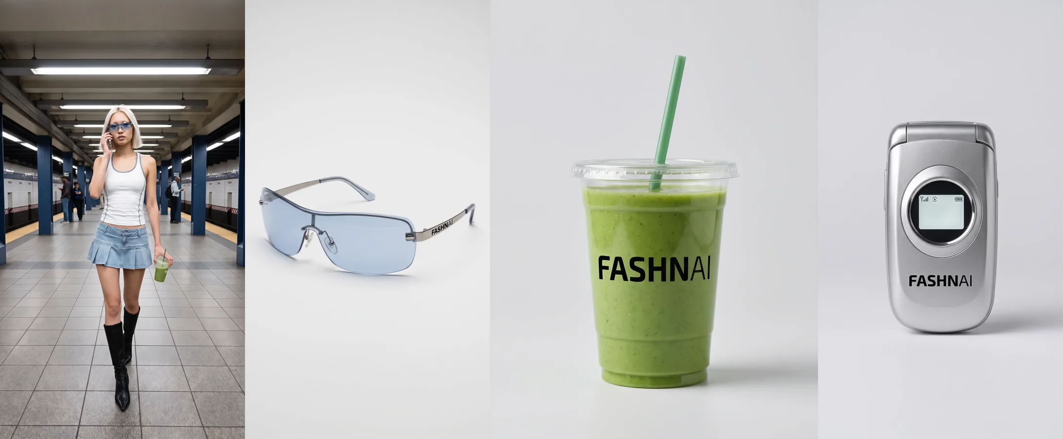 The four reference images: the woman, the sunglasses, the smoothie and the flip phone