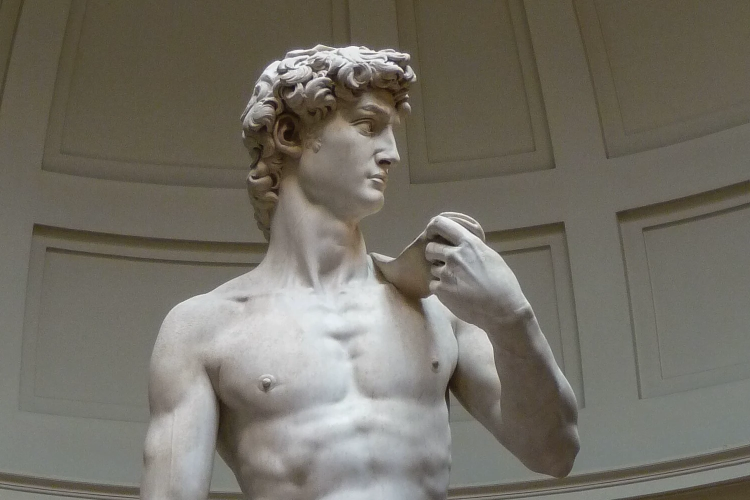 Michelangelo's David, head and shoulders, looking to his left with the sling over his shoulder