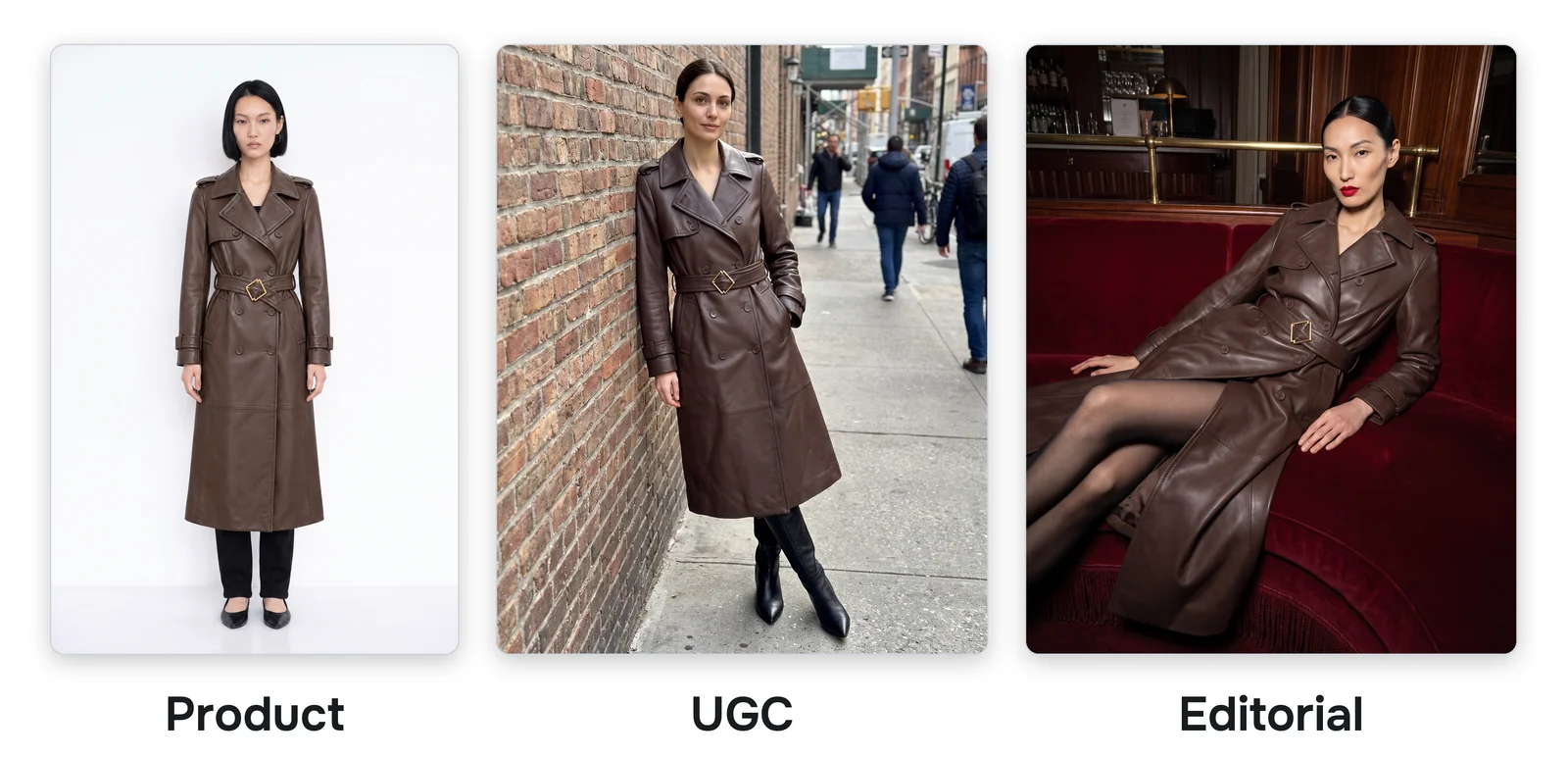 The same coat three ways: a product photo on a white background, a UGC photo on a city street and an editorial photo on a red velvet couch