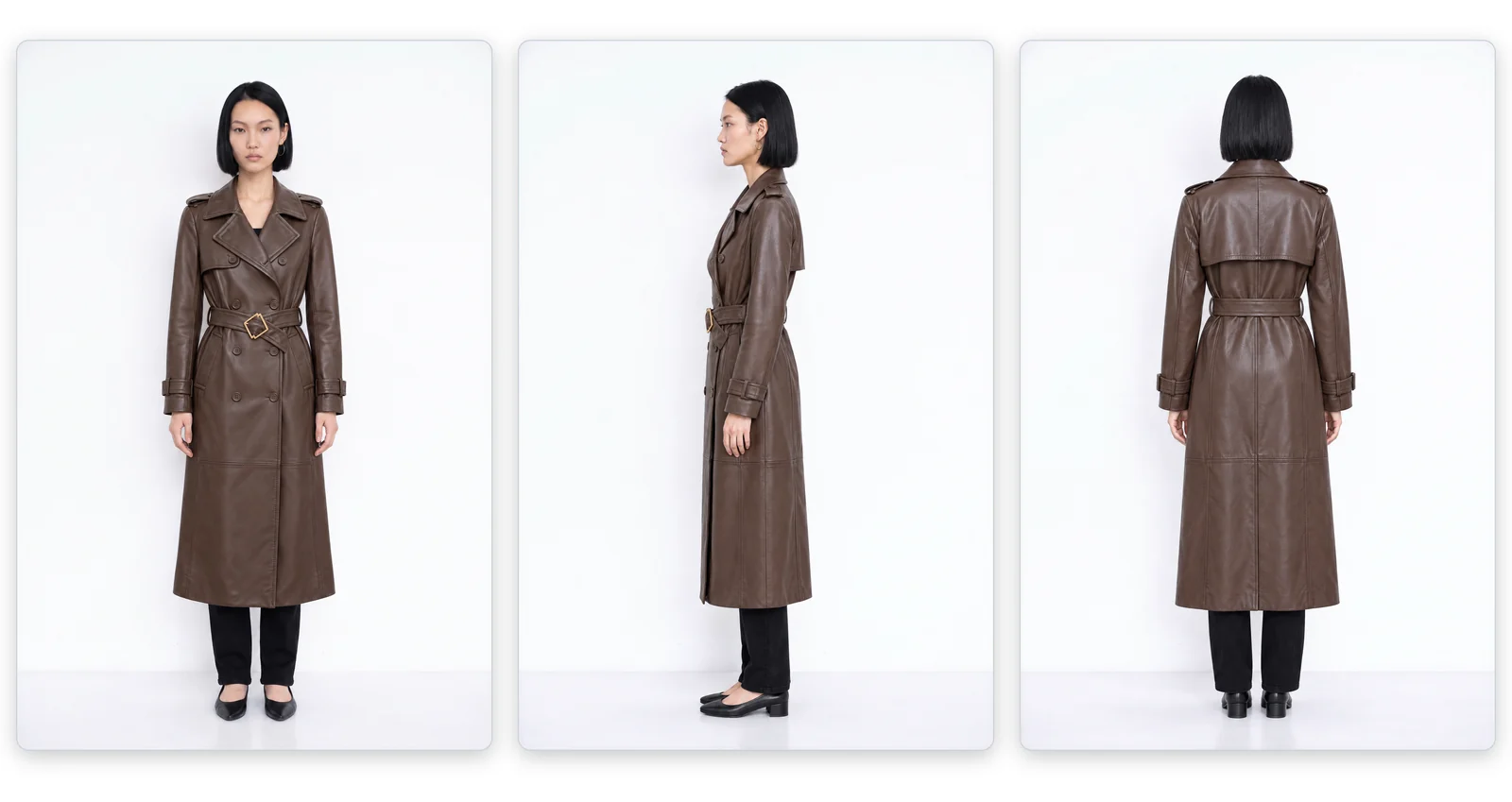 The model in the coat from the front, the side and the back on a white background