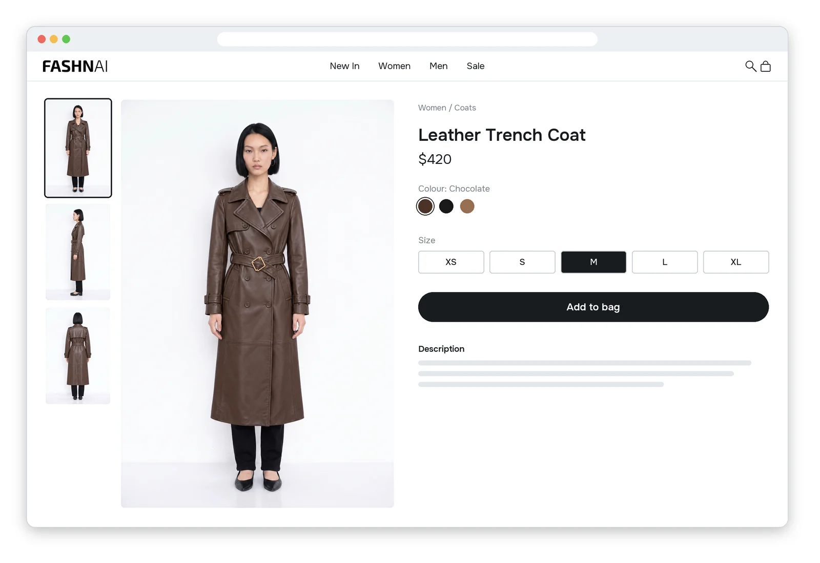 The front, side and back views on the store's product page, with the price, the sizes and an Add to bag button