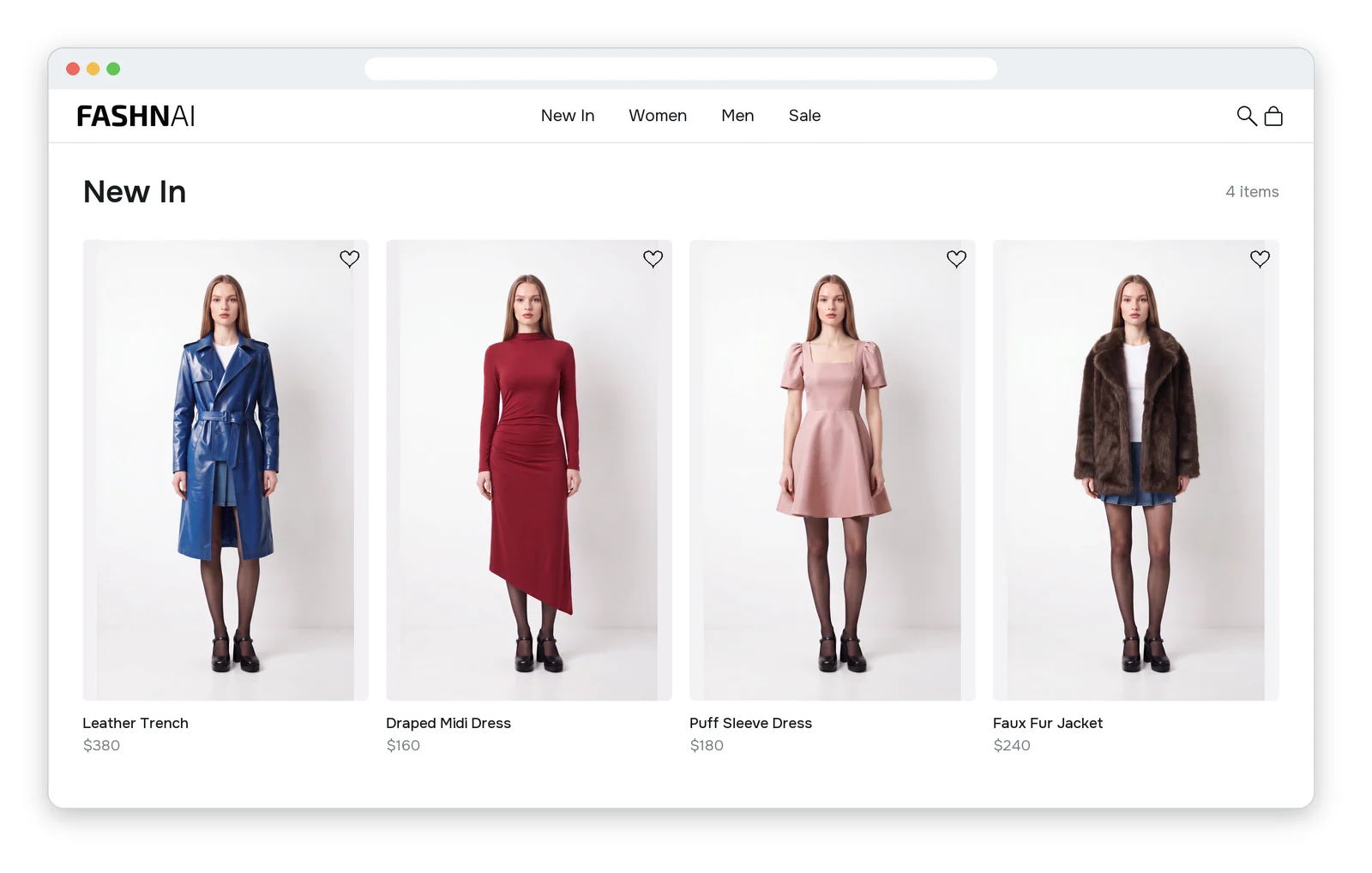 The store's New In page: a blue leather trench, a red dress, a pink dress and a faux fur jacket on the same model and the same white background