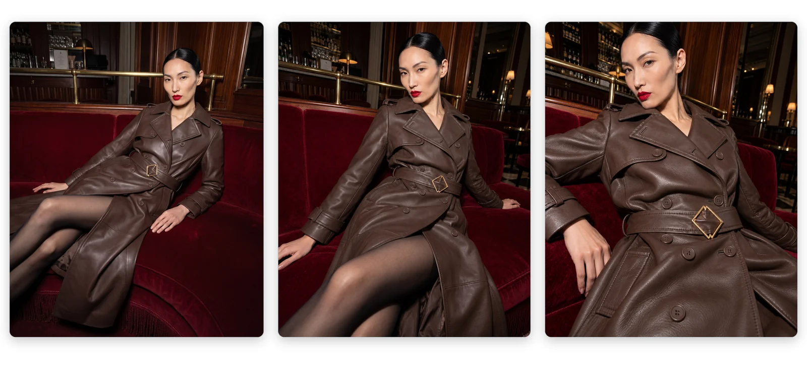 Three editorial photos of the model in the coat on a red velvet couch: full body, crop and close up