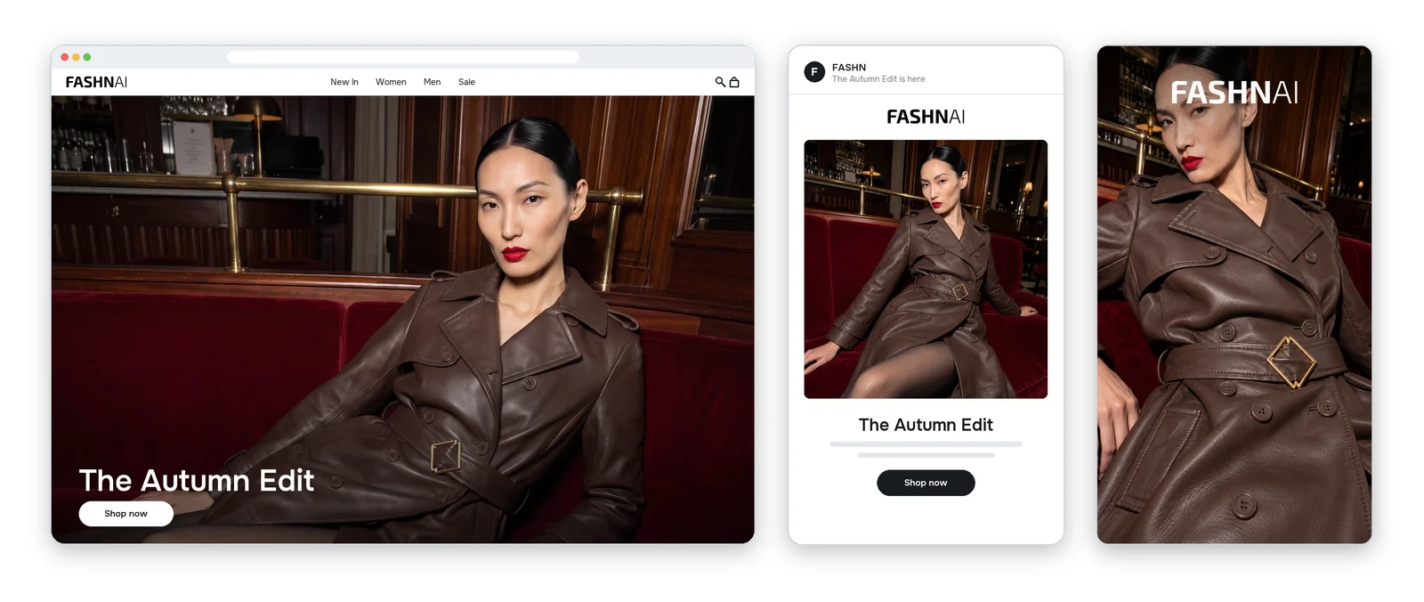 The editorial photos on a homepage banner, in an email and on a campaign poster, all titled The Autumn Edit