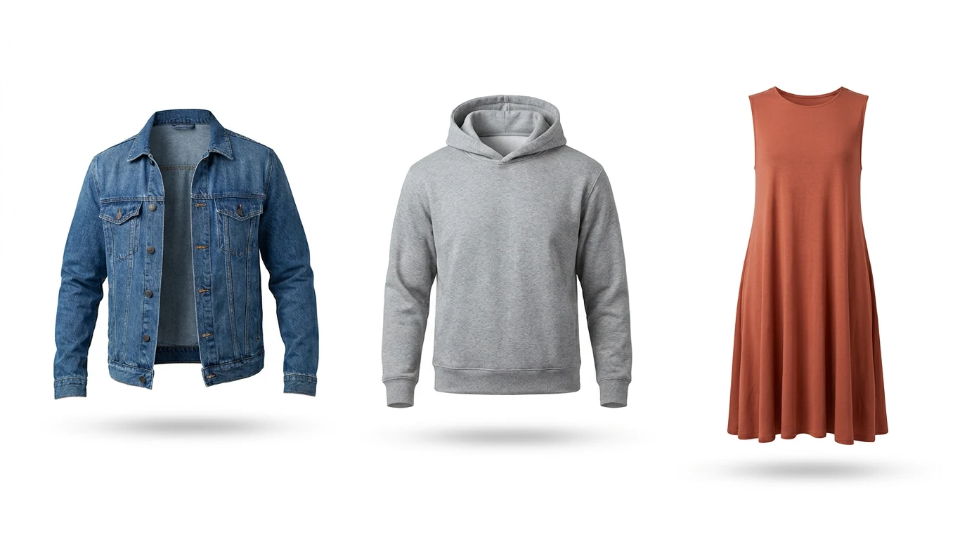 Three garments shown in the ghost mannequin style: a denim jacket, a hoodie, and a midi dress floating on a white studio background