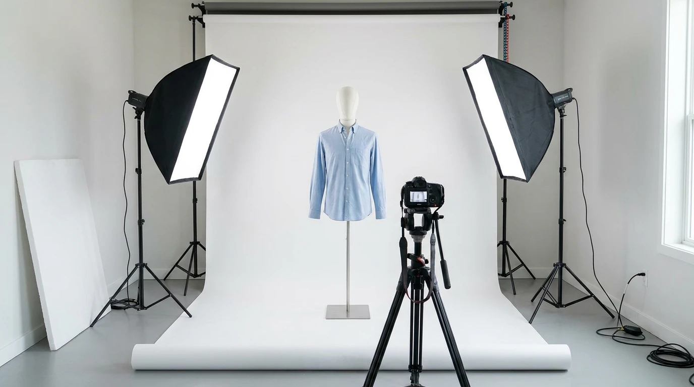 A ghost mannequin photography setup: dressed mannequin torso on a white seamless backdrop, two softbox lights at 45 degrees, and a camera on a tripod