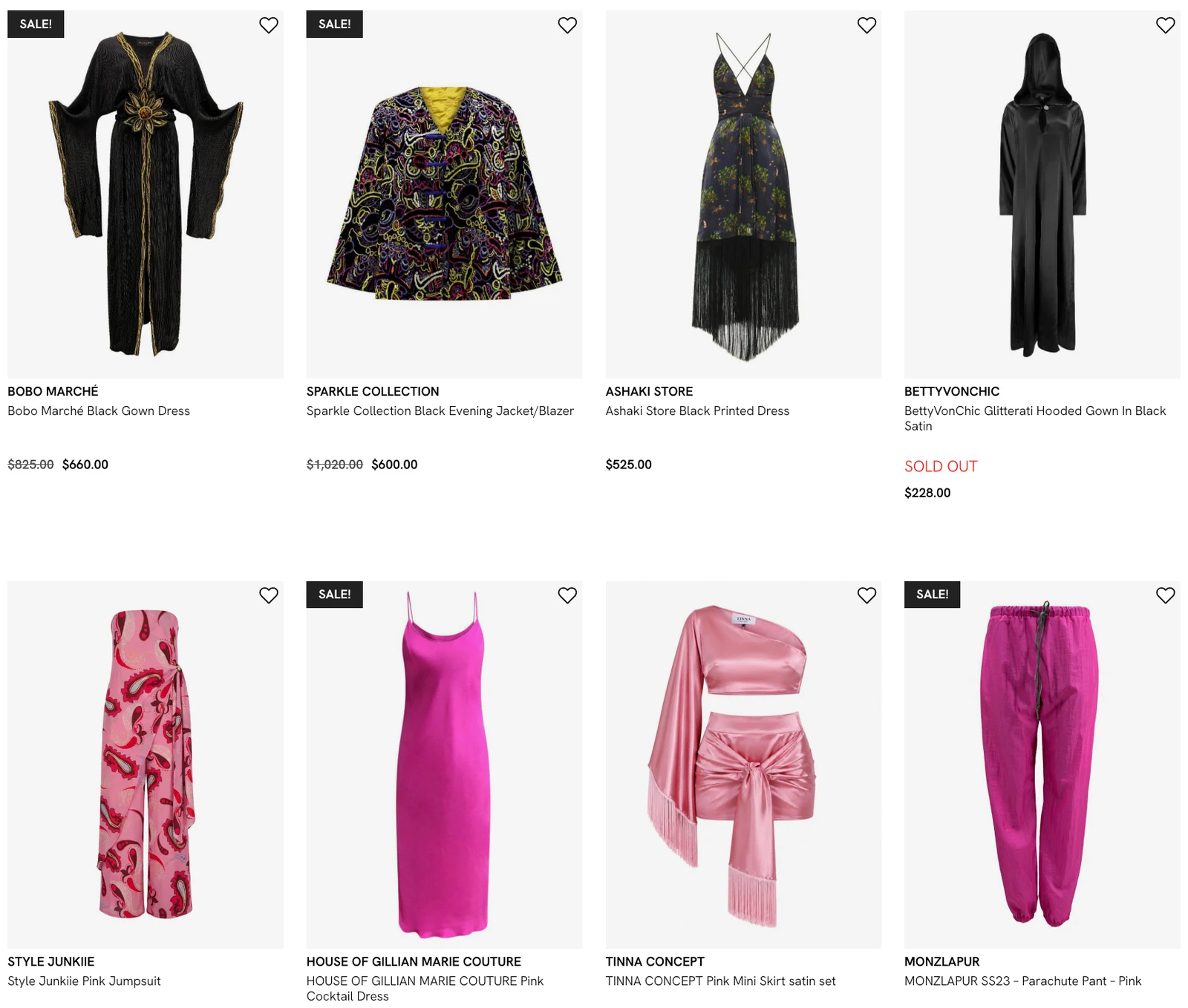 A clothing category page on flyingsolo.nyc where every product photo uses the ghost mannequin style on a matching background