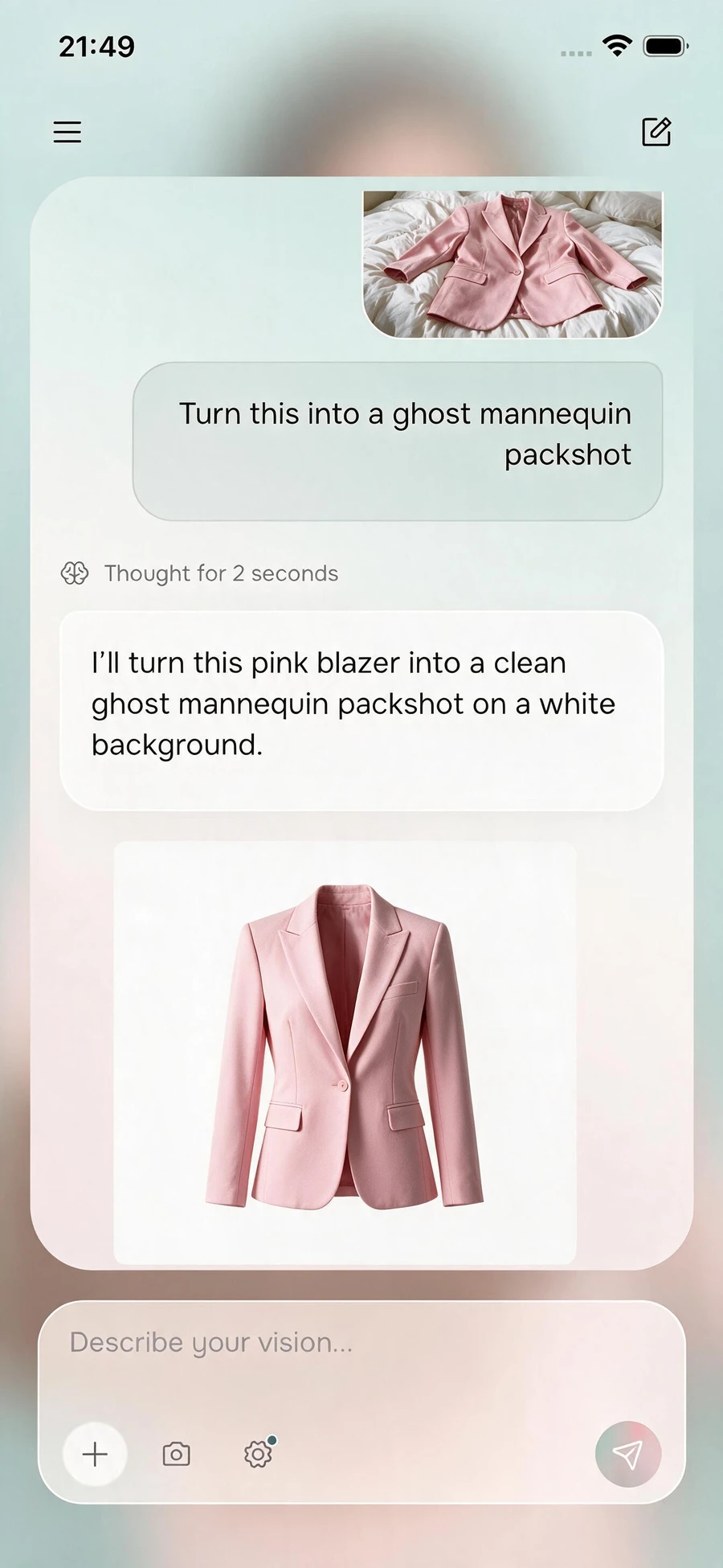 The FASHN iOS app Agent chat: a flat-lay photo of a pink blazer on a bed, the request to turn it into a ghost mannequin packshot, and the finished packshot result
