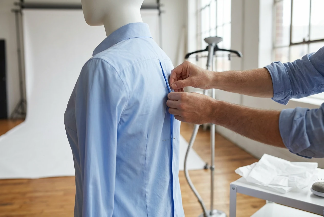 Hands pinning excess shirt fabric into a vertical fold along the back of a mannequin, with a steamer and tissue paper nearby