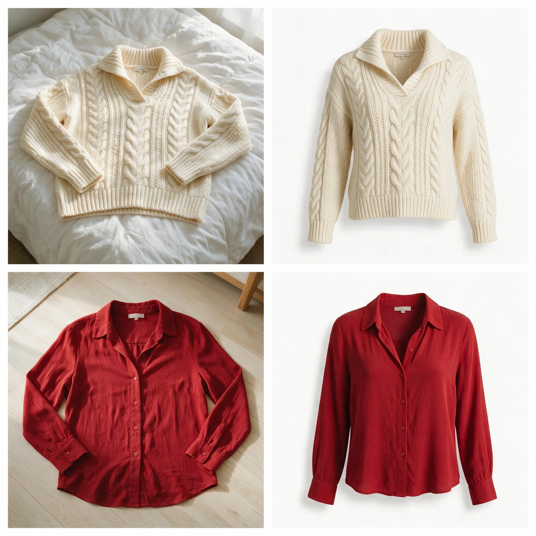 Two garments photographed casually at home on the left and as finished ghost mannequin packshots on the right: a cream cable-knit sweater and a red crepe blouse