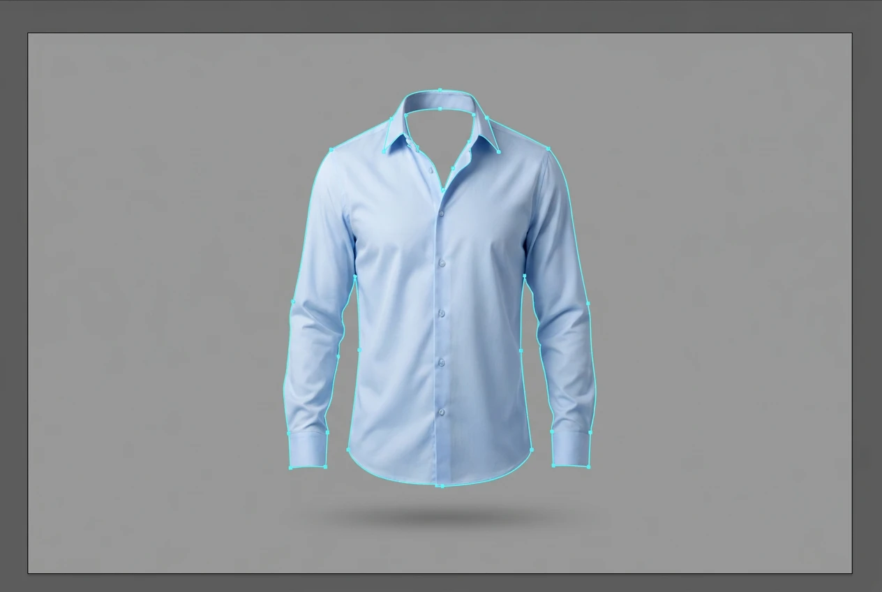 A shirt cut out from its photo on a grey editor canvas, with a pen-tool path around it and an empty neck hole