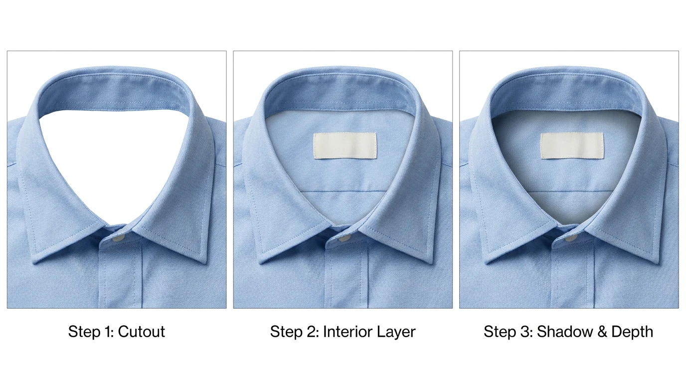 Three close-ups of a shirt collar showing the empty neck hole, the interior layer placed flat, and the finished neck joint with shadow depth