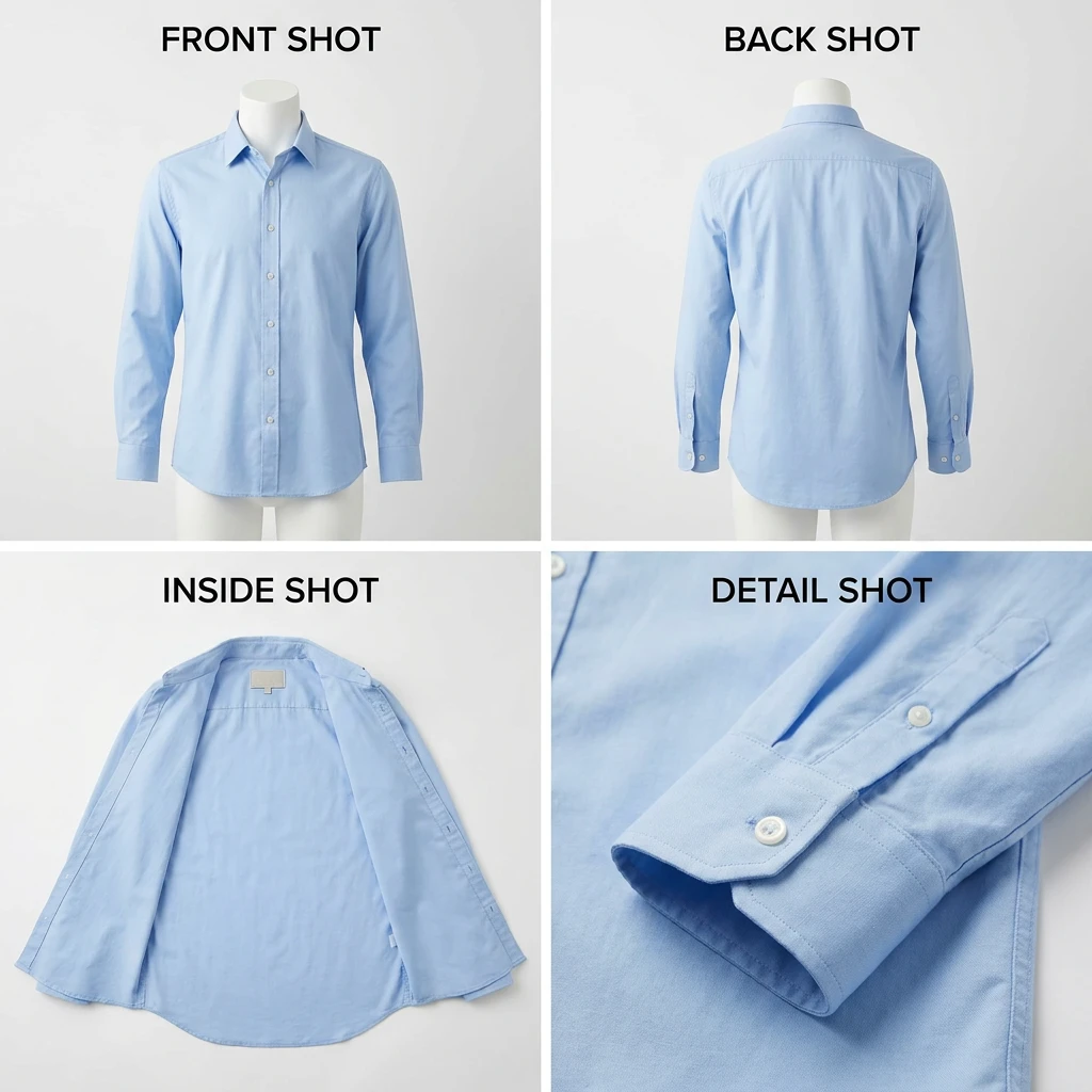 The four shots of a ghost mannequin session: front shot, back shot, inside shot, and detail shot of the same blue shirt