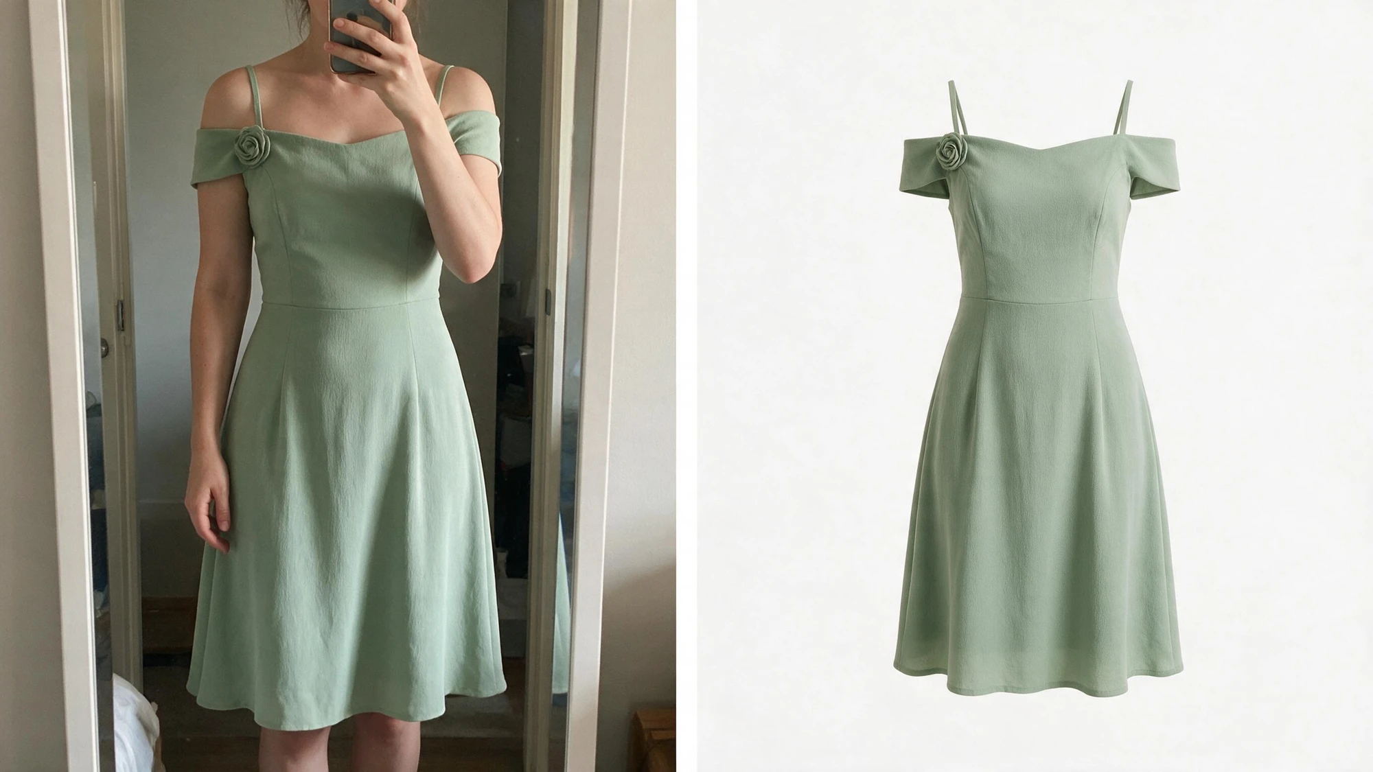 A mirror selfie of a person wearing an off-shoulder sage dress next to the same dress as a finished packshot with the person removed