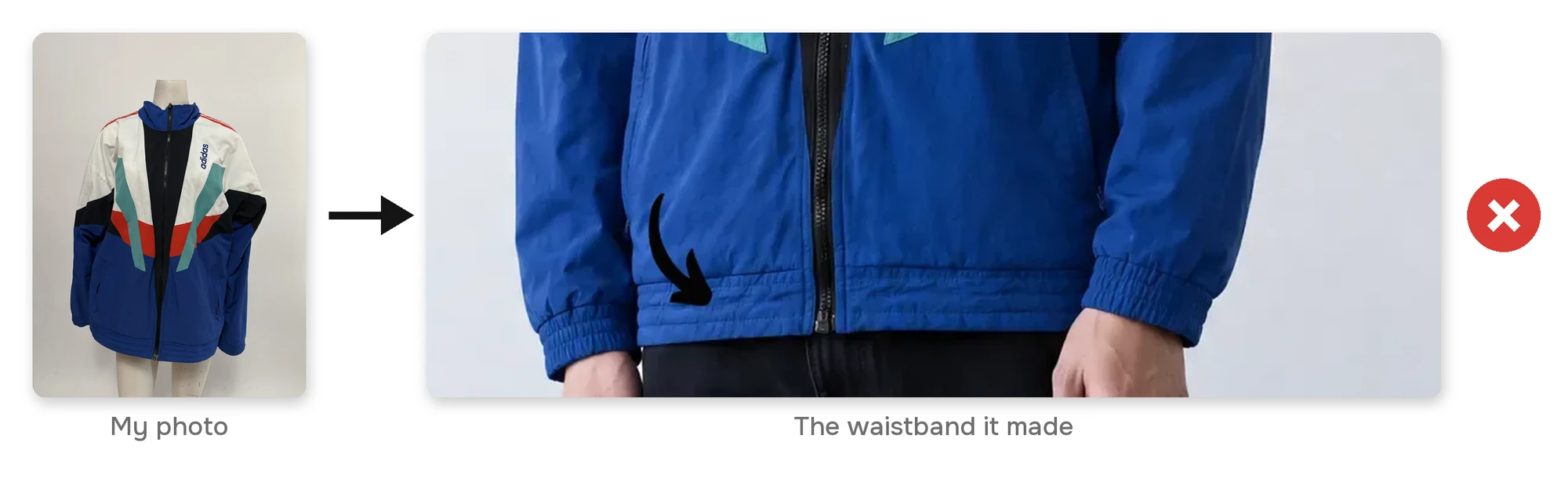 My photo of the whole jacket, and the waistband the AI made from it with only two rows of stitching, marked wrong
