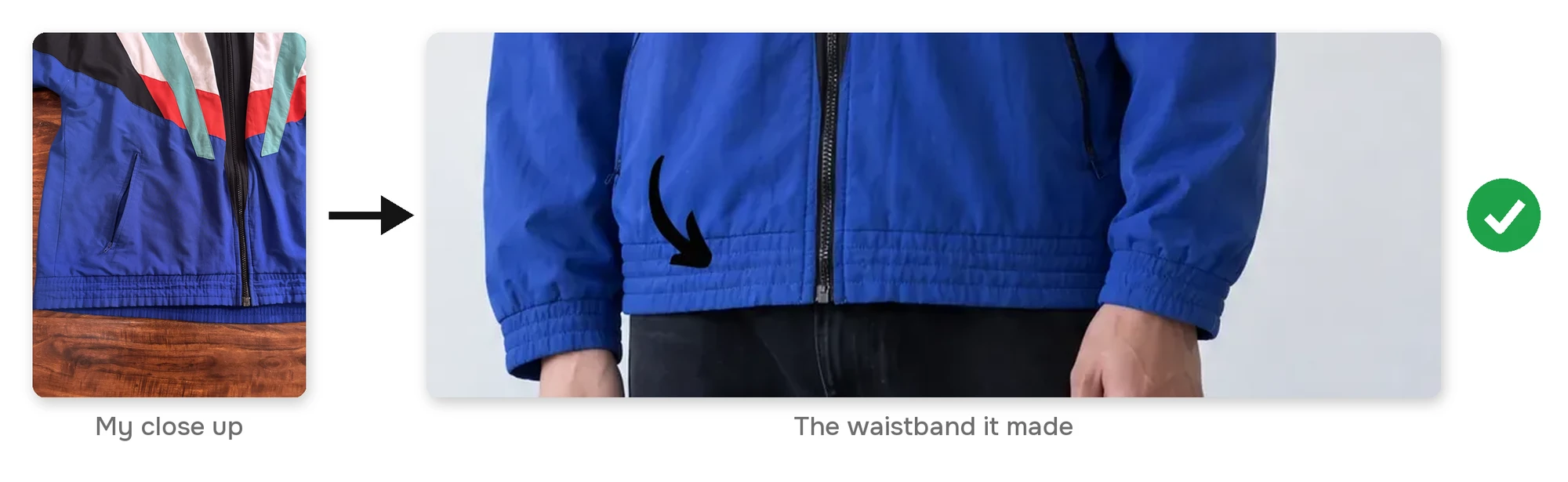 My close up of the waistband, and the waistband the AI made from it with all three rows of stitching, marked right