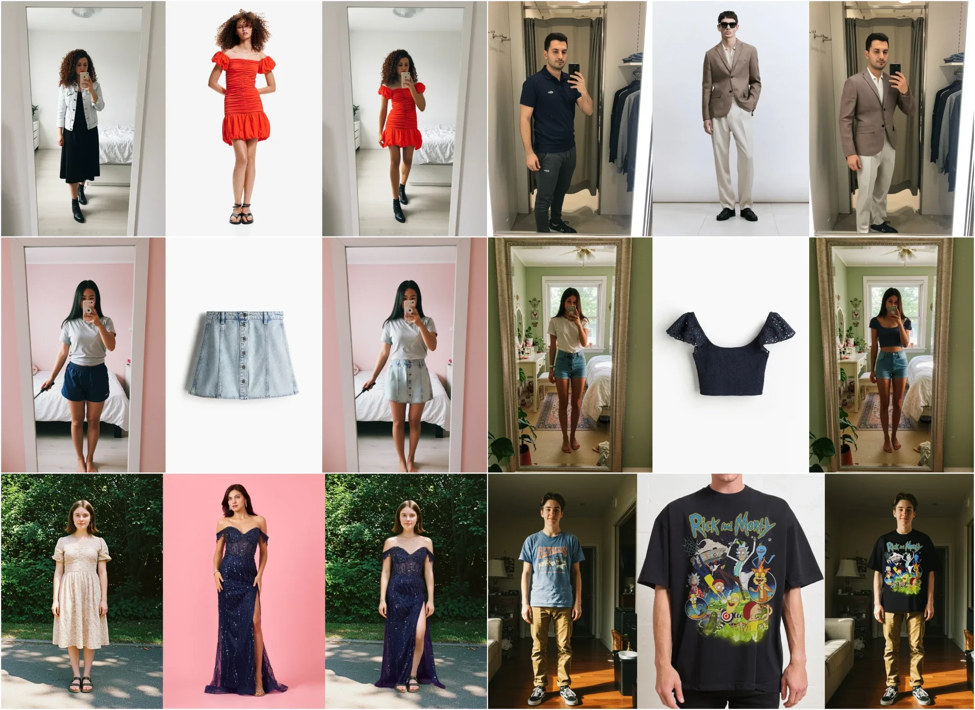 FASHN VTON v1.5 try-on examples: person photo, garment, and result for six outfits