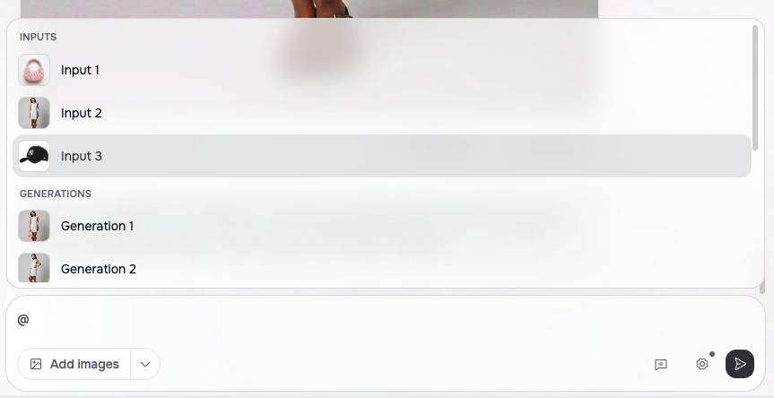 The @ image picker in the Agent's message box, with chat images grouped into inputs and generations