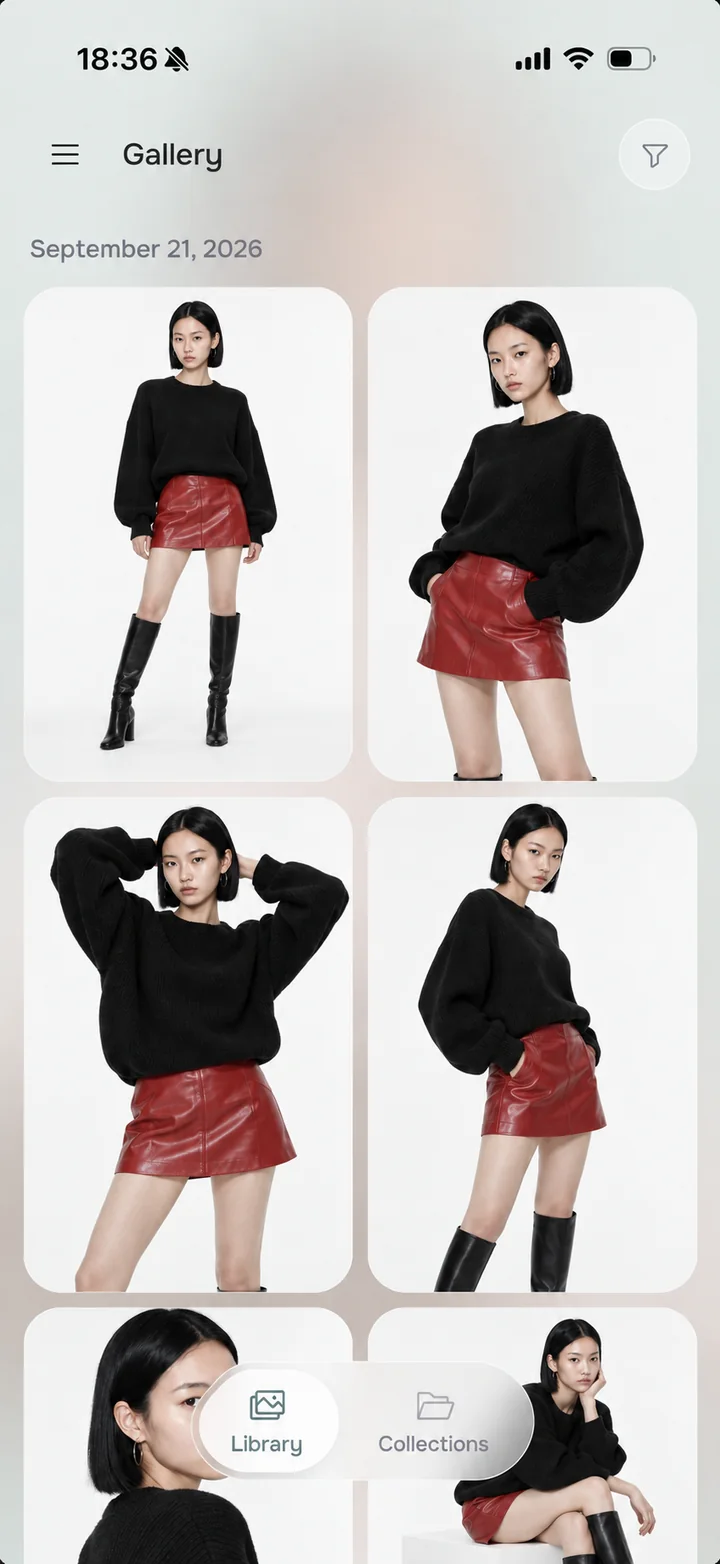 FASHN mobile Gallery showing the same red leather skirt photoshoot as the web Gallery