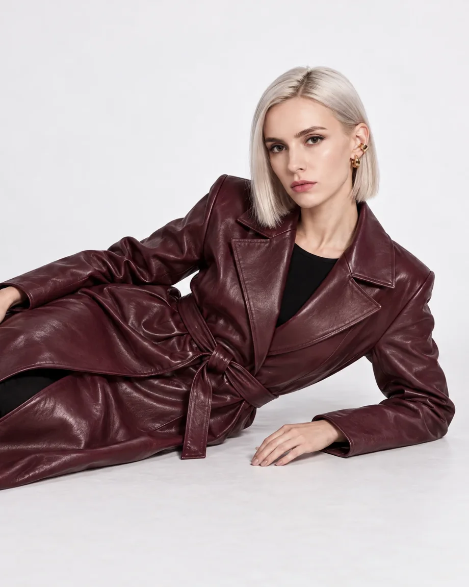 Lo stesso modello di moda IA con un cappotto di pelle bordeaux in quattro scatti, generati da un unico riferimento del viso